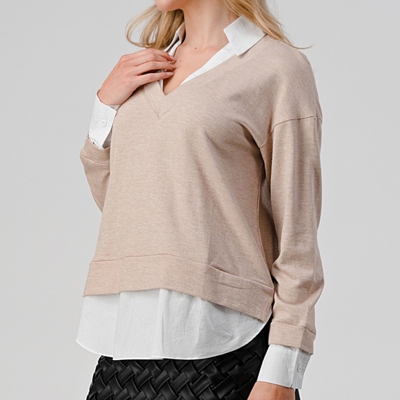 09 V Neck Shirt Contrast Sweater Long Sleeve Top - Picture 2 of 3